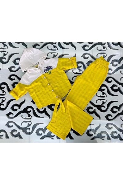 Hilal Akıncı Kids Girl's Pearl Buttoned Embroidery Detailed Tied Front Shirt Checkered Pants Set of 2