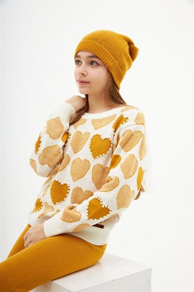 Hilal Akıncı Kids Girl's Heart Model Bead Detailed Sweater Knitwear Trousers Beret 3-Piece Set