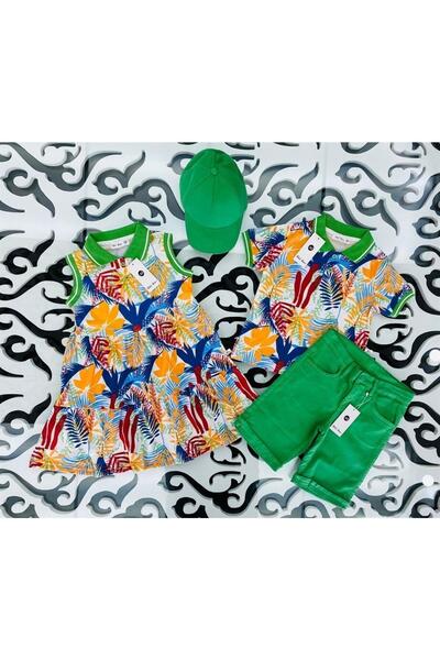 Hilal Akıncı Kids Boys' Patterned Collared T-Shirt Colorful Denim Shorts Set of 2