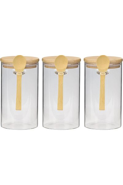 Winds Trading Glass Jar with Bamboo Lid & Spoon  1000ml Airtight Storage for Sugar, Coffee, Tea & More (Set of 3)