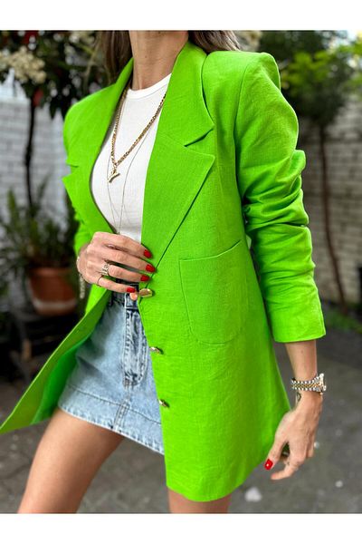 Maldia Shop Blazer de damă din stofă de in brut Jachetă verde cu buzunare
