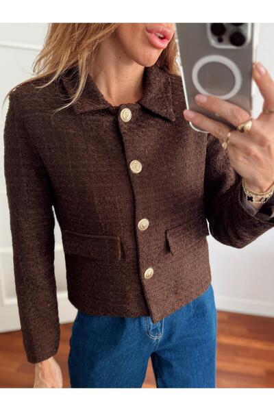 Maldia Shop Women's Gold Buttoned Blazer Brown Tweed Jacket
