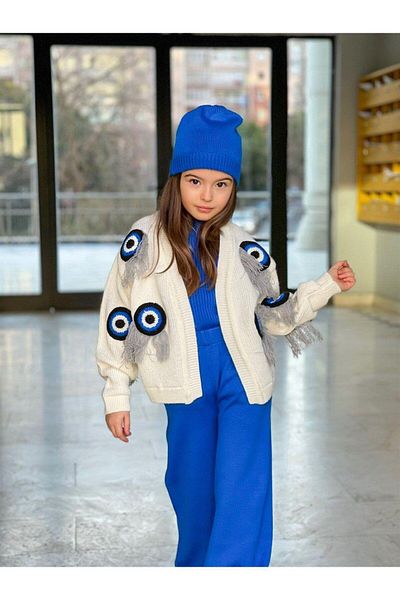 Hilal Akıncı Kids Fată Copil Evil Eye Tricotaj cu margele Cardigan fără mâneci Interior Badi Tricotaj Pantaloni Set 3 piese
