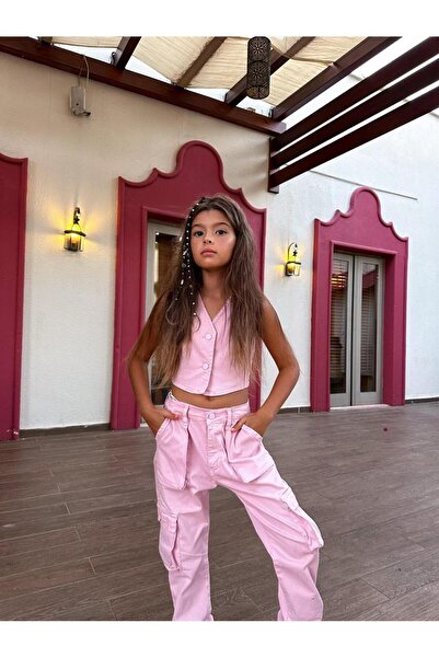 Hilal Akıncı Kids Set de 3 piese pentru fete, vestă din denim, pantaloni albi cu buzunare cargo