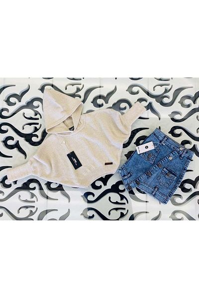 Hilal Akıncı Kids Girl's Hooded Knitwear Sweatshirt Asymmetrical Cut Denim Skirt Set of 2