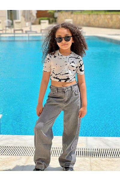 Hilal Akıncı Kids Girl's Patterned Crop Body Wide Leg Gray Jeans Set of 2