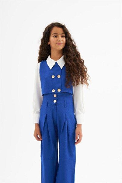 Hilal Akıncı Kids Дівчачий комплект із золотистою кнопкою, жилет із деталями та широкими штанинами, біла сорочка, 3 предмети