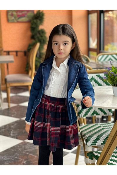 Hilal Akıncı Kids Blazer pentru fete Blazer din denim Cămașă albă Fusta în carouri Set 3 piese