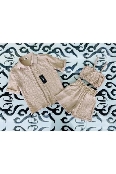 Hilal Akıncı Kids Girl's Strappy Crop Blouse, Elastic Waist Detailed Shorts and Comfortable Fit Shirt 3-Piece Set