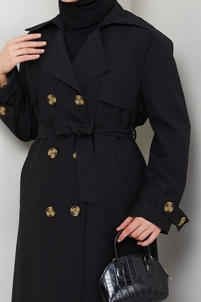 InStyle Lined Black Trench Coat with Stone Buckle Detail