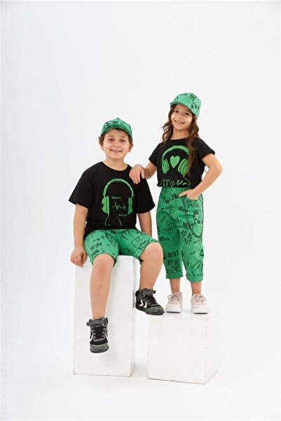 Hilal Akıncı Kids Boy's Headphone Printed Black T-Shirt with Chain Lettering Denim Shorts Hat 2-Piece Set