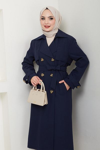 InStyle Lined Navy Blue Trench Coat with Stone Buckle Detail
