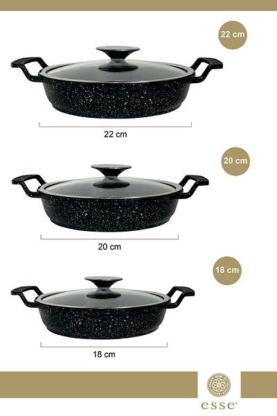 Esse 18 - 20 - 22 Cm 3-Piece Black Sahan Set - With Granite Casting and Glass Lid E400
