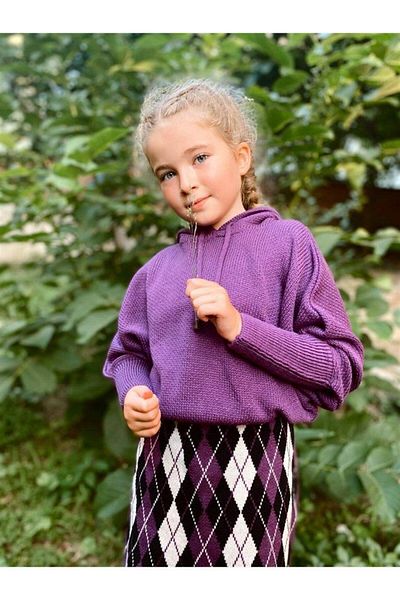 Hilal Akıncı Kids Girl's Bat Sleeve Knitwear Sweater Argyle Patterned Skirt Set of 2