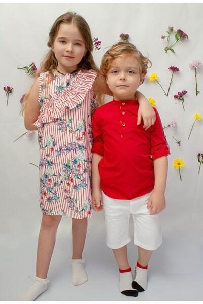 Hilal Akıncı Kids Kız Erkek Kombin Kırmızı Gömlek Kapri 2'li Takım