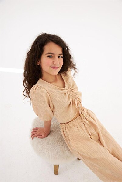 Hilal Akıncı Kids Girl's Drawstring Detailed Blouse Elastic Waist Harem Pants 2-Piece Set