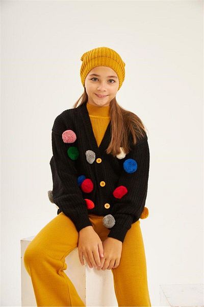 Hilal Akıncı Kids Girl's Black Pompom Knitwear Cardigan Sleeveless Inner Badi Knitwear Pants Beret 4-Piece Set