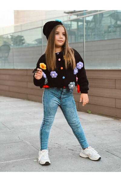 Hilal Akıncı Kids Κοριτσίστικη κρέμα μαργαρίτα κεντημένο πλεκτό ζακέτα Beanie...