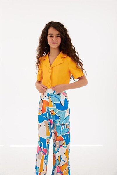 Hilal Akıncı Kids Jachetă cu blazer căptușit pentru fete, cu modele colorate, pantaloni largi, set de 2 piese