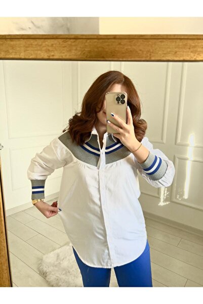 Qaju Γυναικείο Λευκό Πλεκτό - Μπλε Πλεκτό Λεπτομερές Χαλαρό Βαμβακερό Πουκάμισο Boyfriend