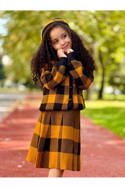 Hilal Akıncı Kids Girl's Checkered Buttoned Cardigan Knitwear Skirt Beret 3-Piece Set