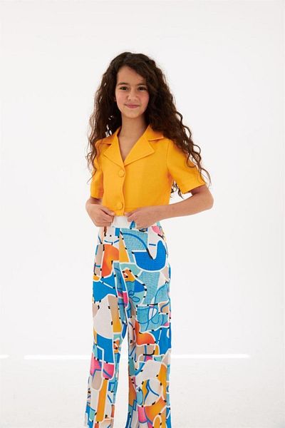 Hilal Akıncı Kids Girl's Padded Blazer Jacket Colorful Patterned Wide Leg Trousers 2-Piece Set