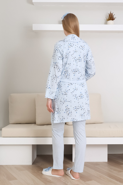 ERDENİZ TEKSTİL Hamile Pijama Takımı Melanj Kumaş Önü Düğmeli Nakışlı - Desenli Emzirme İçin Uygun 3'lü