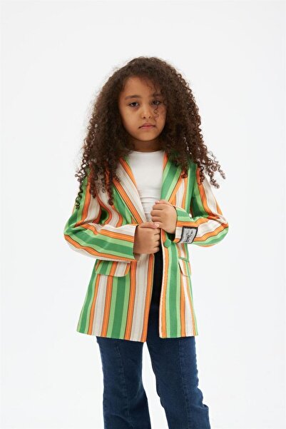 Hilal Akıncı Kids Kız Çocuk Renkli Çizgili Logo Detaylı Blazer Ceket