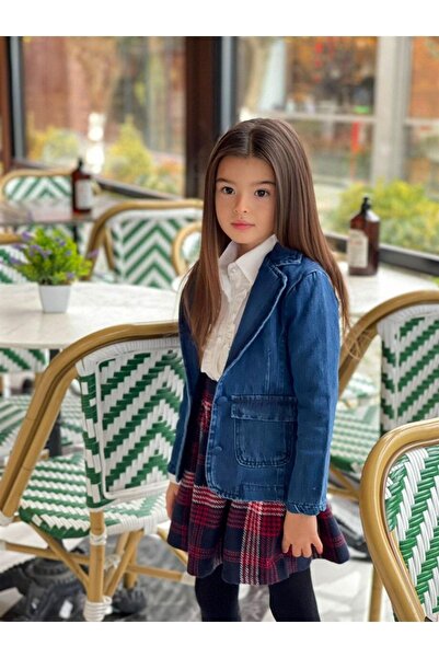 Hilal Akıncı Kids Kız Çocuk Blazer Kot Ceket Beyaz Gömlek Ekoseli Etek 3lü Takım