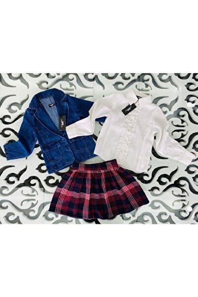 Hilal Akıncı Kids Kız Çocuk Blazer Kot Ceket Beyaz Gömlek Ekoseli Etek 3lü Takım