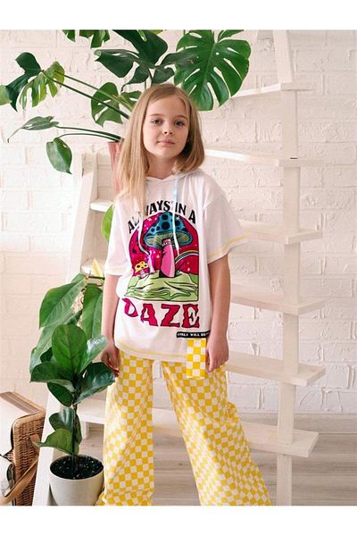 Hilal Akıncı Kids Girl's Hooded Mushroom Printed T-Shirt Checkered Fuchsia Jeans 2 Piece Set