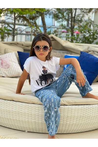 Hilal Akıncı Kids Girl's Blue Printed Cotton Combed Asymmetrical Ripped Jeans Trousers Double Set 1187