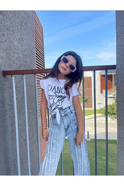 Hilal Akıncı Kids Κοριτσίστικο χορευτικό γραπτό δεμένο μπλε τζιν παντελόνι 2 τεμαχίων