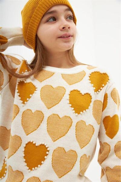 Hilal Akıncı Kids Model de inimă pentru fetiță, cu mărgele, pulover, tricotaje, pantaloni, beretă, set de 3 piese