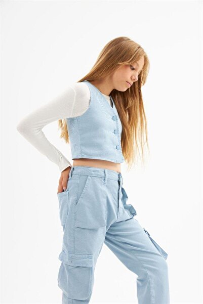 Hilal Akıncı Kids Set de 3 piese pentru fete, vestă din denim, pantaloni albi cu buzunare cargo