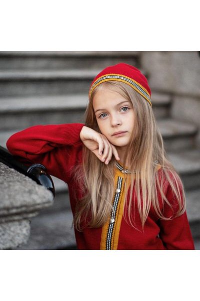 Hilal Akıncı Kids Girl's Crew Neck Knitwear Cardigan Striped Skirt Beret 3-Piece Set