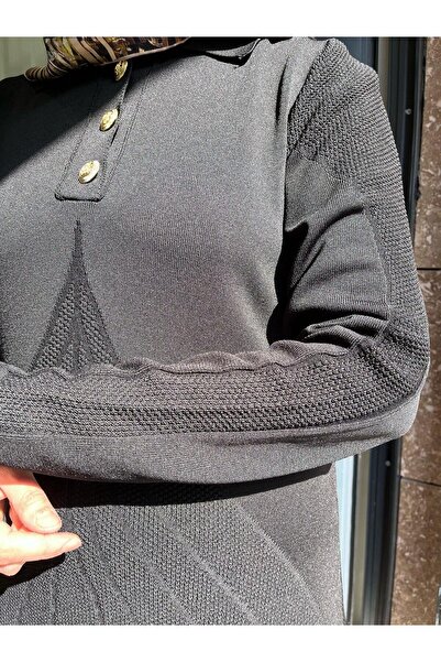 Nuss 1423 Polo Yaka Desenli Triko Elbise Siyah