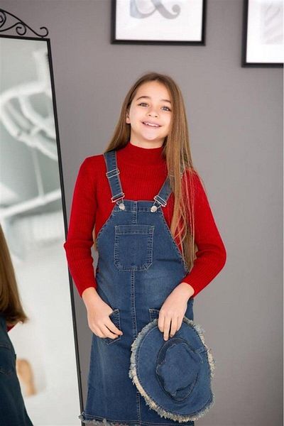 Hilal Akıncı Kids Girl's Denim Salopet Half Turtleneck Sweater Denim Hat 4-Piece Set
