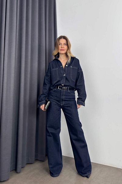 Sue Store Navy Blue High Waist Jean Jacket Premium Set