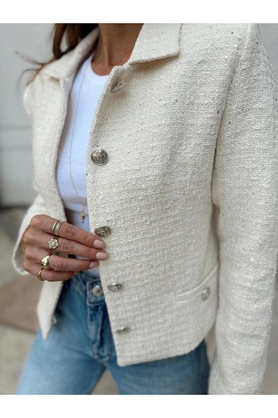 Maldia Shop Women's Sequin Detail Tweed Fabric Ecru Blazer Jacket