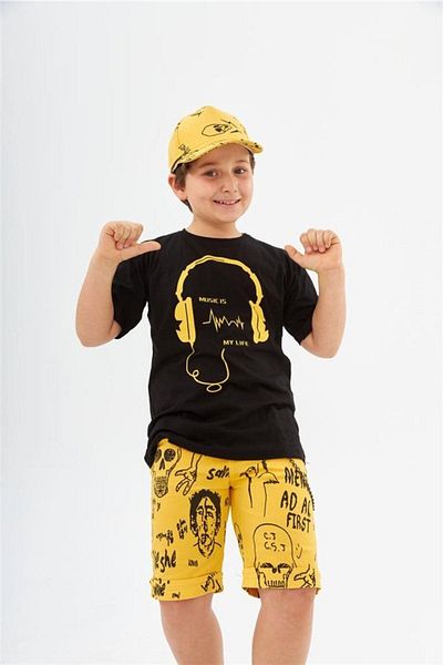 Hilal Akıncı Kids Boy's Headphones Printed Black T-Shirt with Chain Lettering Denim Shorts
