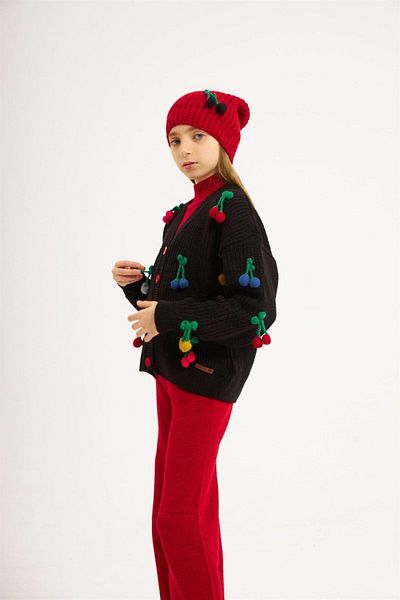 Hilal Akıncı Kids Girl's Cherry Embroidered White Cardigan Saks Knitwear Badi Pants Beret 4-Piece Set