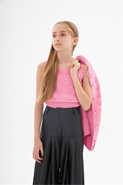 Hilal Akıncı Kids Girl's Buttoned Cardigan Knitwear Crop Leather Wide Leg Trousers 3-Piece Set