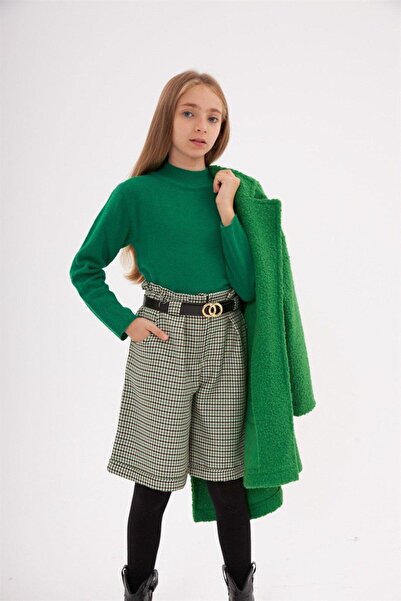 Hilal Akıncı Kids سترة تريكو للفتيات موديل Houndstooth شورت وحزام جوارب سوداء...