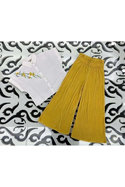 Hilal Akıncı Kids Cămașă albă cu broderie pentru fete, cu potrivire confortabilă, pantaloni largi, set de 2 piese