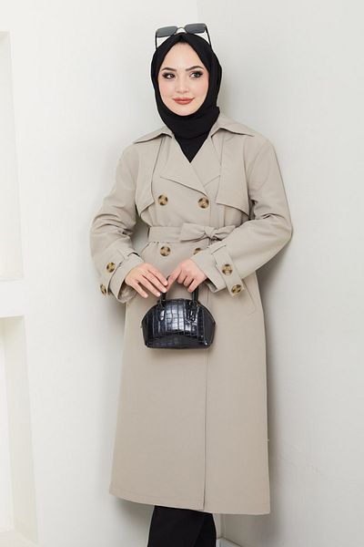 InStyle Lined Stone Trench Coat with Stone Buckle Detail