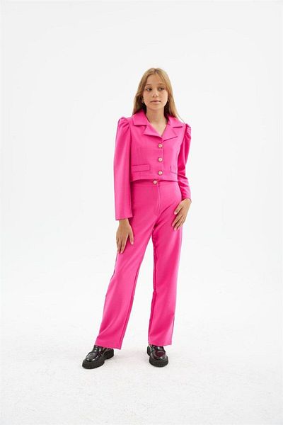 Hilal Akıncı Kids Girl's Gold Button Detailed Ornamental Pocket Crop Jacket Wide Leg Pants 2-Piece Set
