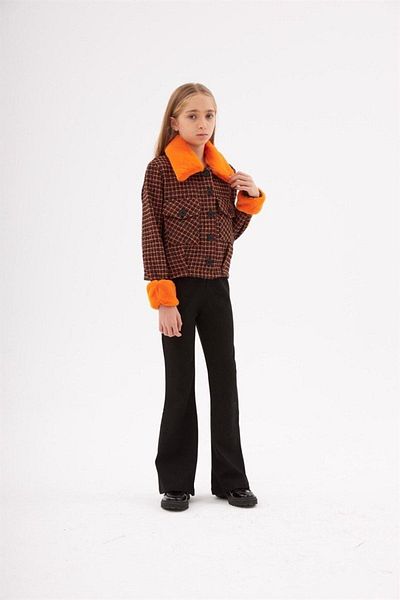 Hilal Akıncı Kids Girls' Fur Collar Fabric Crop Jacket Black Flared Leg Leggings Set of 2