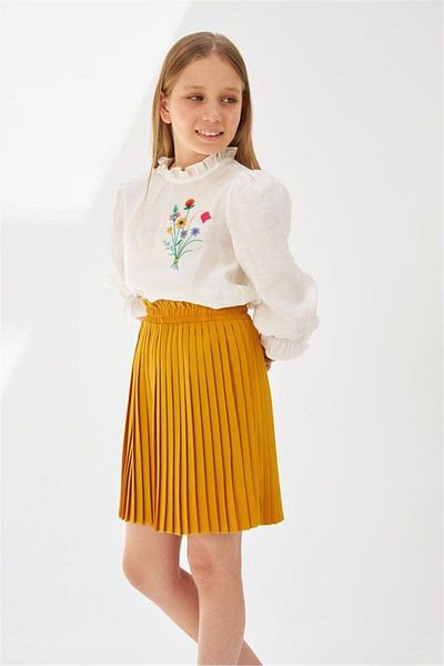 Hilal Akıncı Kids Girl's Long Sleeve Floral Embroidered White Blouse Colorful Pleated Skirt 2-Piece Set
