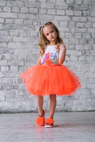 Hilal Akıncı Kids تنورة توتو برتقالية اللون للفتيات ومجموعة من قطعتين من القط...